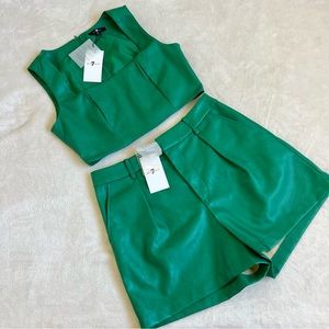 7 for all Mankind Faux Leather Tailored Shorts and Crop Top Matching Set Green